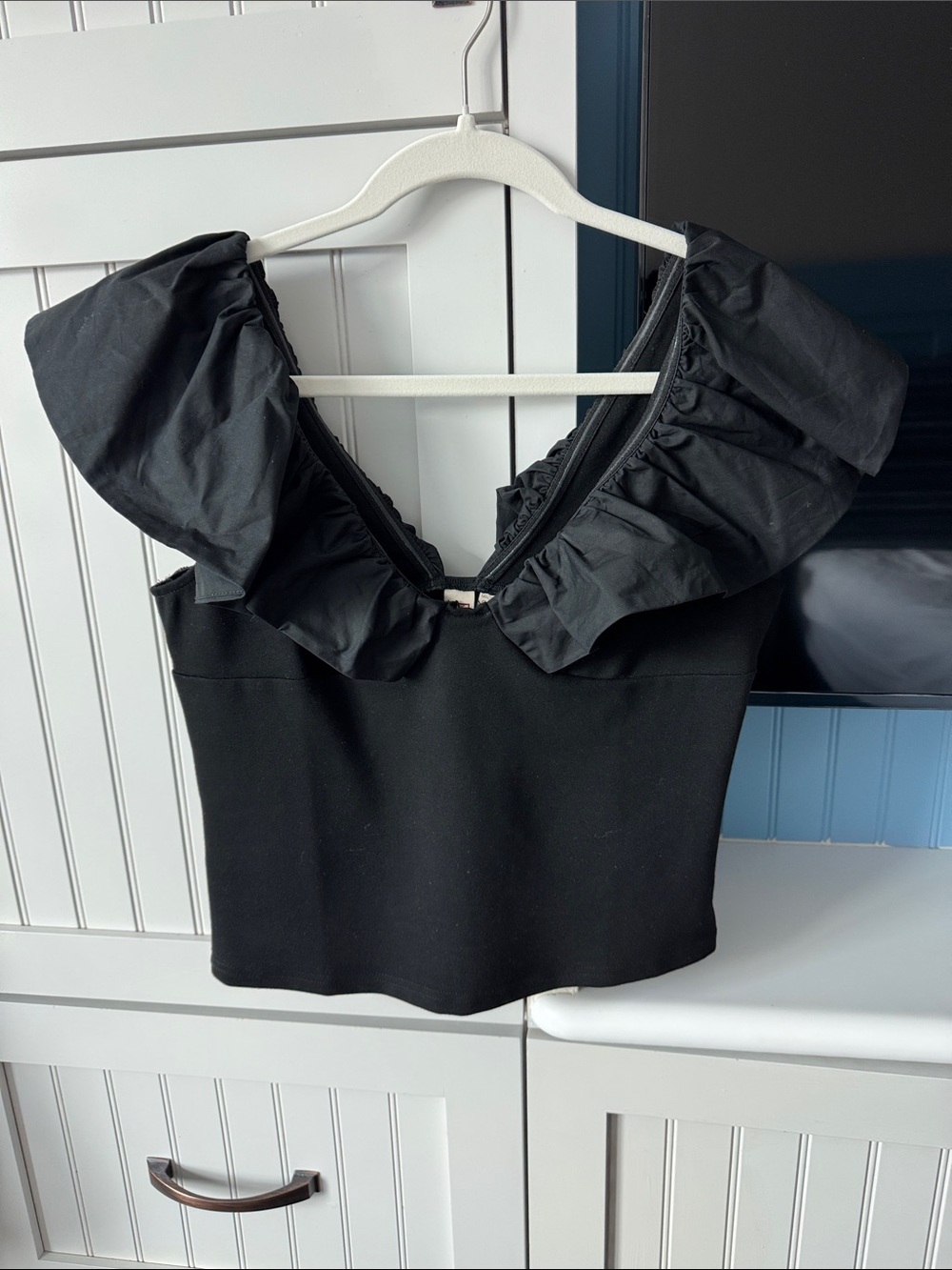 Anthropologie Black Off-Shoulder Ruffle Crop Top